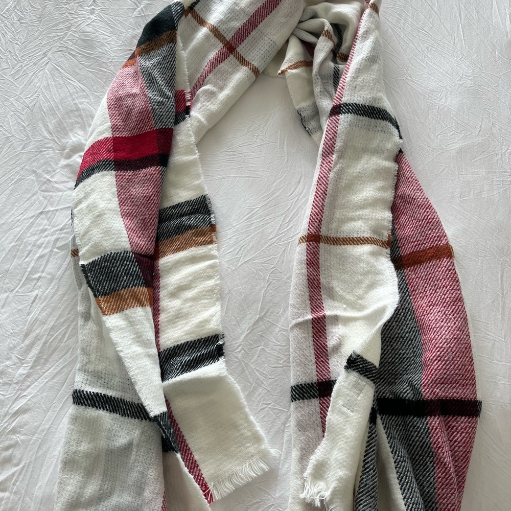 Bershka Plaid Scarf in Red, Pink, and White